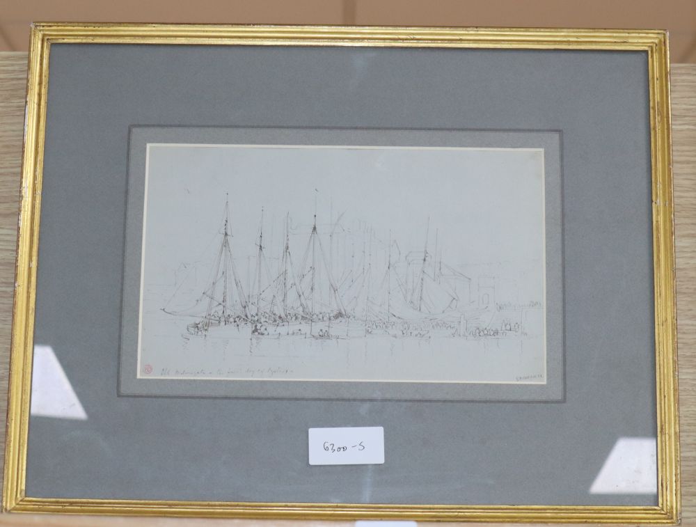 Edward Duncan (1803-1882), pen and ink, Old Billingsgate - The First Day of Oysters, signed and inscribed, 16 x 28cm.